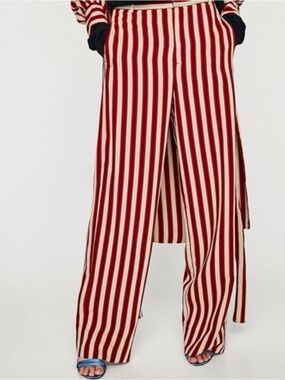 Zara Red and Cream Vertical Stripe Wide-Leg Pants trousers nwt